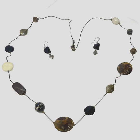 Exotic Stone, Glass and Metal Bead Necklace With Complimenting Earings 37" Long - Picture 1 of 10